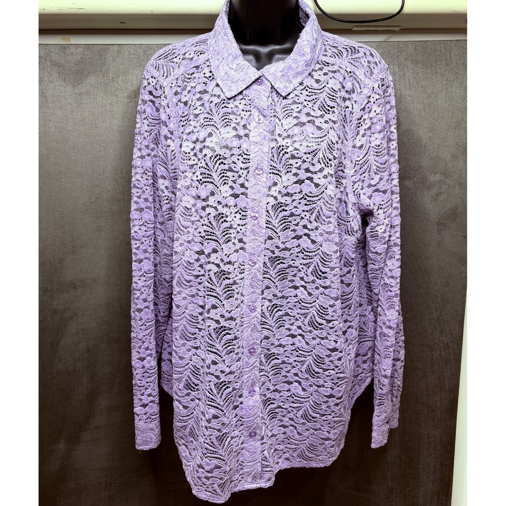 Torrid Lace Button Down Shirt Women 1X Lavender Sheer Long Sleeve Romantic Fairy